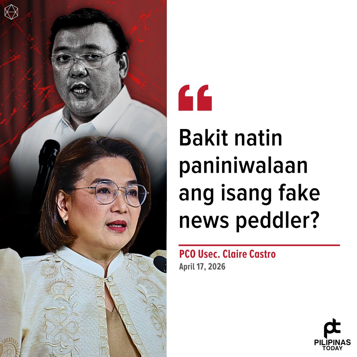 Binansagan ni Presidential Communications Office (PCO) Undersecretary Claire Castro si dating presidential spokesperson Atty. Harry Roque bilang “fake news peddler” kasunod ng mga pahayag ng huli tungkol sa totoong kalagayan ni dating congressman Zaldy Co sa Czech Republic.