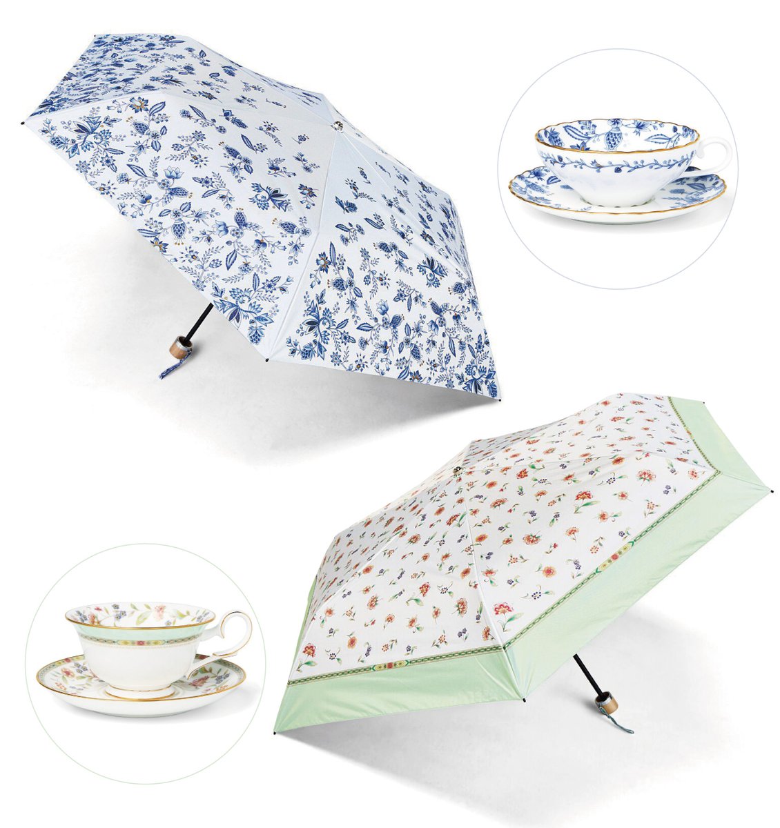 ノリタケコラボ☕
ティーカップみたいに優雅な傘ができました。
磁器の焼成後に生まれる表情や繊細な色の濃淡を忠実に再現しています。