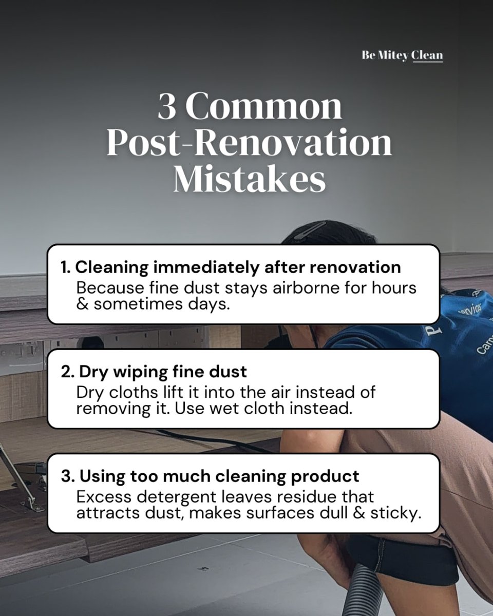 bemiteyclean's tweet image. post-renovation cleaning requires proper dust extraction, correct cleaning order, and attention to hidden areas — not just a quick clean!

skipping this step can make your new space feel unfinished! check the links in our bio for more info! 😙

#homereno #sgreno #sghome #cleaning