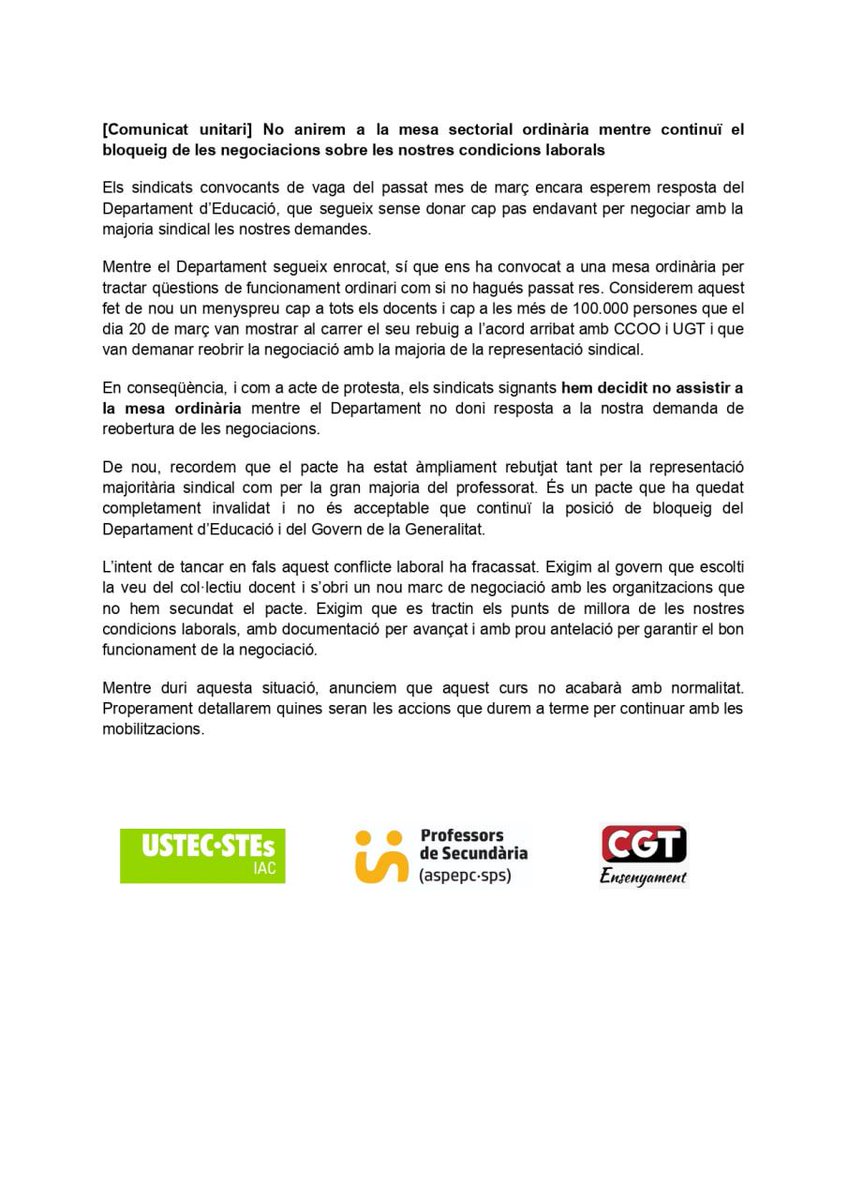 ❌No anirem a la mesa sectorial ordinària mentre continuï el bloqueig de les negociacions sobre les nostres condicions laborals

🟢 Exigim al col·lectiu que escolti la veu del col·lectiu i s'assegui a negociar.

sindicat.net/2026/04/21/com…