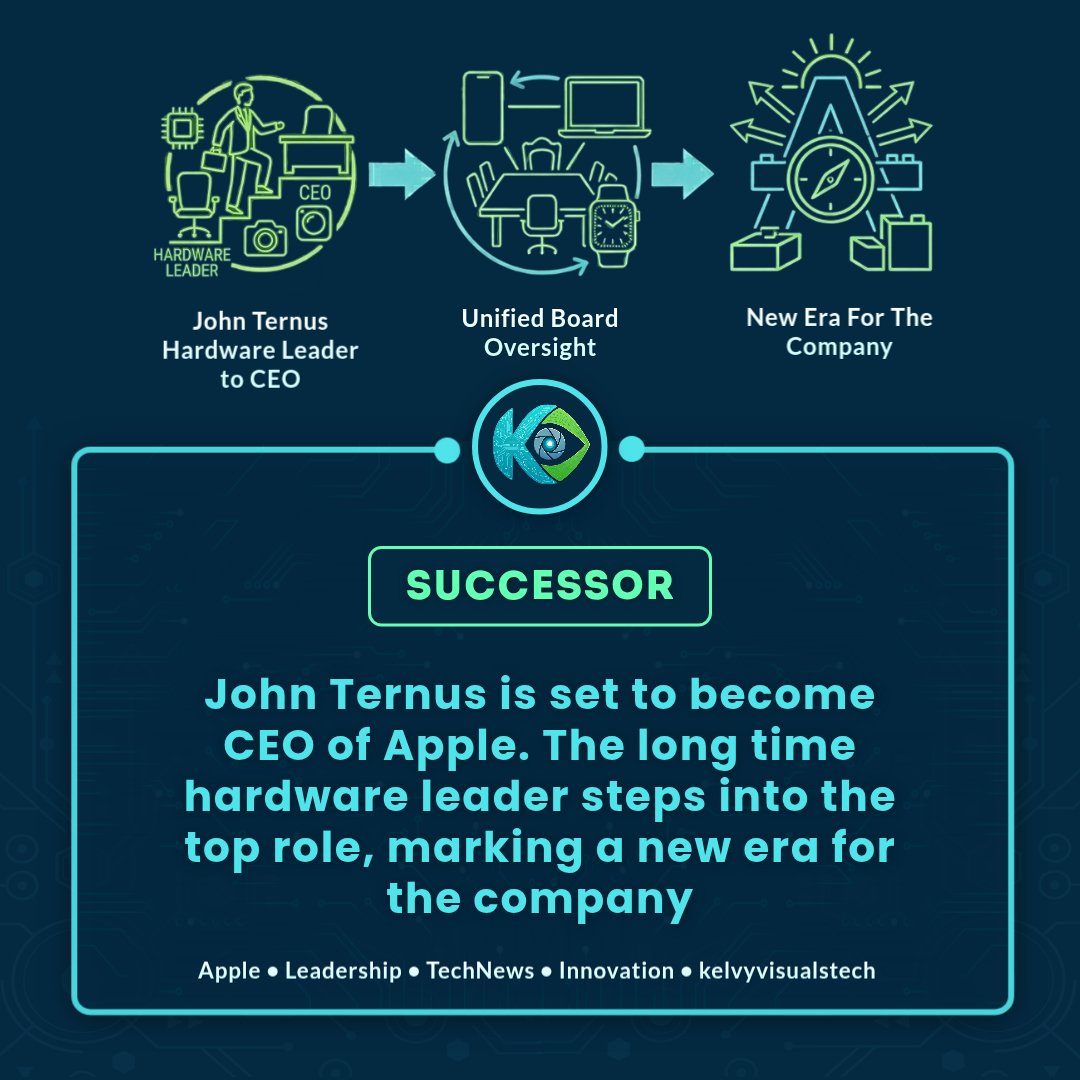 kelvyvisuals's tweet image. SUCCESSOR 👤

John Ternus is set to become CEO of Apple.
The long-time hardware leader steps into the top role, marking a new era for the company

#Apple #Leadership #TechNews #Innovation #kelvyvisualstech