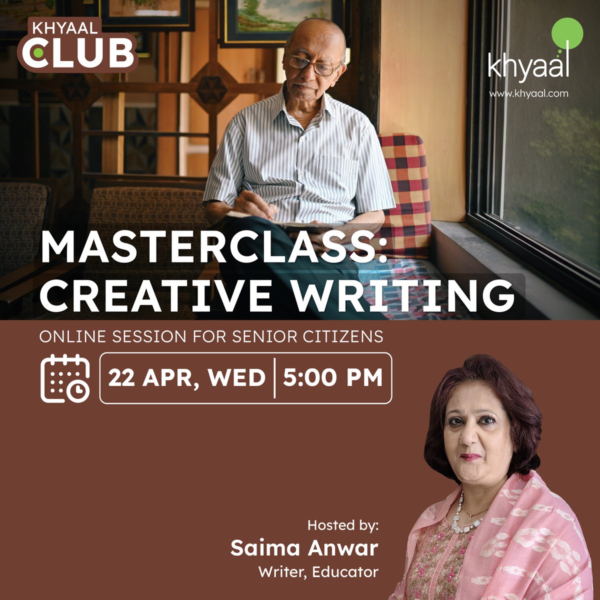 KhyaalFamily's tweet image. Learn simple ways to express your thoughts, shape your ideas, and connect through writing in this creative writing masterclass. Attend if you are above the age of 50, or share it with an elderly loved one.
#creativewriting #khyaalcare #seniorcitizens #writing #masterclass
To