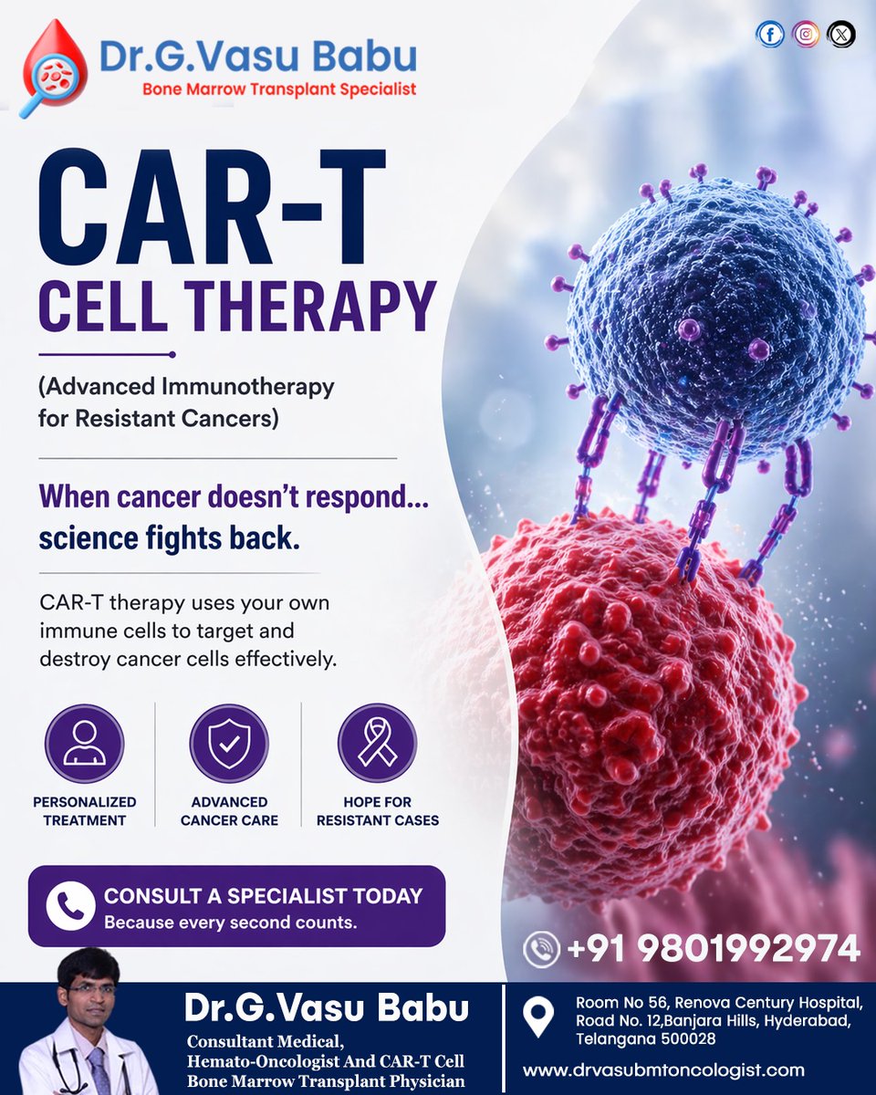 drvasu_onco's tweet image. CAR T cell therapy uses immune cells to target resistant cancers offering personalized advanced treatment and hope #CARTTherapy #Immunotherapy #CancerCare #Oncology #AdvancedTreatment consult specialist today

#DrGVasuBabu #OncologistIndia #MedicalOncologist #HematoOncologist