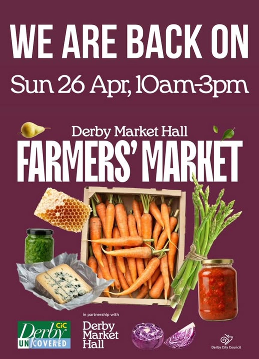 VisitDerby's tweet image. 🥕🧺Derby Farmers’ Market is ON TODAY!
📍@DerbyMarketHall  
⏰10am–3pm
Fresh local produce, artisan eats &amp;amp; street food favourites - come hungry and enjoy the buzz.
More info ⬇️
visitderby.co.uk/events/derby-f…
#DerbyUK #FarmersMarket #ShopLocal #VisitDerby