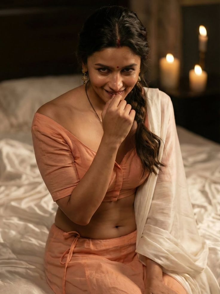 SydneyVault's tweet photo. Alia Bhatt 💫 

{
  "prompt": "A cinematic, ultra-realistic portrait of a young Indian woman reclining on a bed in a softly lit, intimate indoor setting. She is positioned slightly sideways, propped up on one arm, with a relaxed and confident posture. Her expression is warm and subtly flirtatious, with a gentle smile and soft, expressive eyes looking directly toward the viewer. Her skin has a natural glow with realistic texture and slight sheen, enhanced by warm ambient lighting.\n\nShe is wearing a peach-colored traditional blouse (choli) with a deep neckline, paired with a matching draped fabric around her waist. The fabric is soft, slightly translucent, and gently folded, adding depth and realism. She accessorizes with minimal yet elegant jewelry: thin gold bangles on her wrists and a delicate black-beaded necklace with a small pendant.\n\nHer hair is styled in a loose side braid, slightly messy and natural, with a few soft strands framing her face. Her makeup is minimal and natural—light blush, subtle lip color, and softly defined eyes.\n\nThe environment is a cozy, dimly lit bedroom with a warm, intimate atmosphere. The bed is covered in smooth, light-colored satin or silk sheets with visible folds and highlights. In the background, soft candlelight creates a golden glow with shallow depth of field, producing creamy bokeh and a cinematic mood. The background elements remain blurred but suggest a traditional interior with wooden furniture and warm tones.\n\nLighting is soft, warm, and directional, coming from candles and possibly a diffused key light, creating gentle shadows and highlights across her face and body. The overall tone is romantic, calm, and cinematic.\n\nShot on a high-end camera with an 85mm portrait lens, shallow depth of field (f/1.8), high dynamic range, ultra-detailed 8K resolution, realistic skin texture, subtle film grain, and natural color grading with warm tones.\n\nStyle: cinematic, editorial photography, realistic, intimate mood, soft lighting, high detail, warm color palette.",
  
  "negative_prompt": "blurry, low resolution, overexposed, underexposed, harsh shadows, unrealistic skin, plastic texture, distorted anatomy, extra limbs, bad proportions, poorly drawn face, oversaturated colors, noise, artifacts, watermark, text, logo, cartoonish style, exaggerated features",
  
  "settings": {
    "resolution": "1024x1536",
    "aspect_ratio": "2:3",
    "style": "photorealistic",
    "lighting": "warm candlelight, soft diffused",
    "camera": "85mm lens, shallow depth of field",
    "quality": "8k",
    "render_engine": "realistic",
    "color_tone": "warm, cinematic",
    "sharpness": "high",
    "detail_level": "ultra"
  }
}