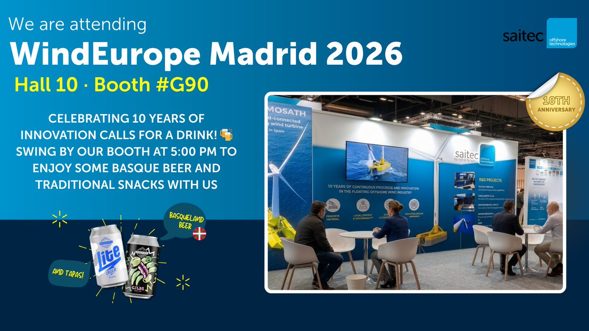 saitecoffshore's tweet photo. Come celebrate 10 years of innovation with us at Booth #G90 (Hall 10)! 🎂 Discover our SATH technology advancements and meet the team.

🍻 Join us at 17:00h for Basque beer &amp; snacks! Let’s talk #FloatingWind. 🚀

#WindEurope2026 #OffshoreWind #Renewables https://t.co/ON88k8Hr1S