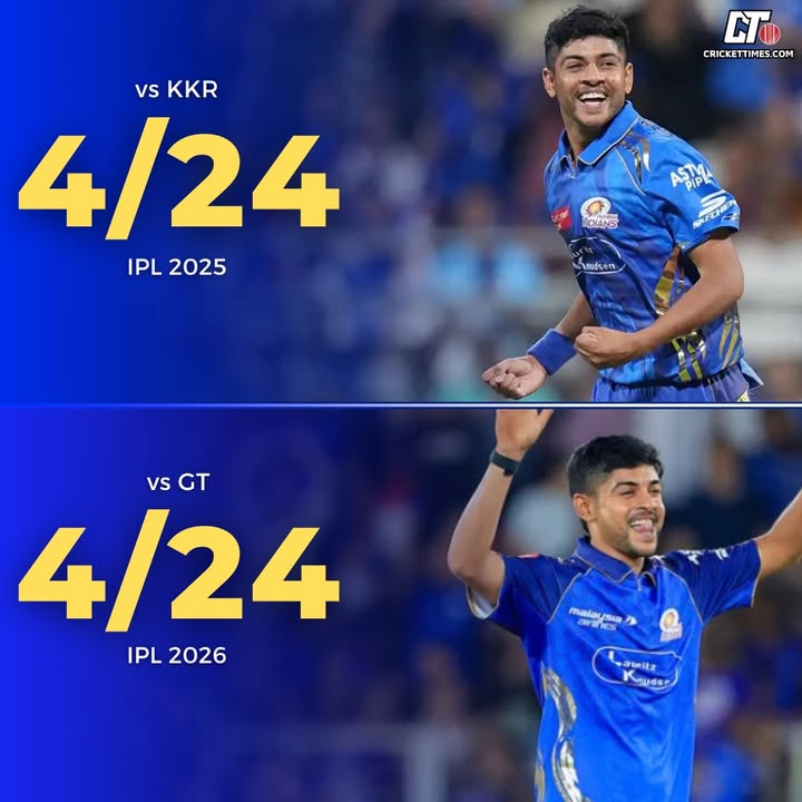 CricketTimesHQ's tweet image. 1st match for MI in IPL 2025: 4/24 vs KKR
1st match for MI in IPL 2026: 4/24 vs GT

Ashwani Kumar: Same impact, different year 🔥

#GTvsMI #AshwaniKumar #MI #IPL2026 #CricketTwitter