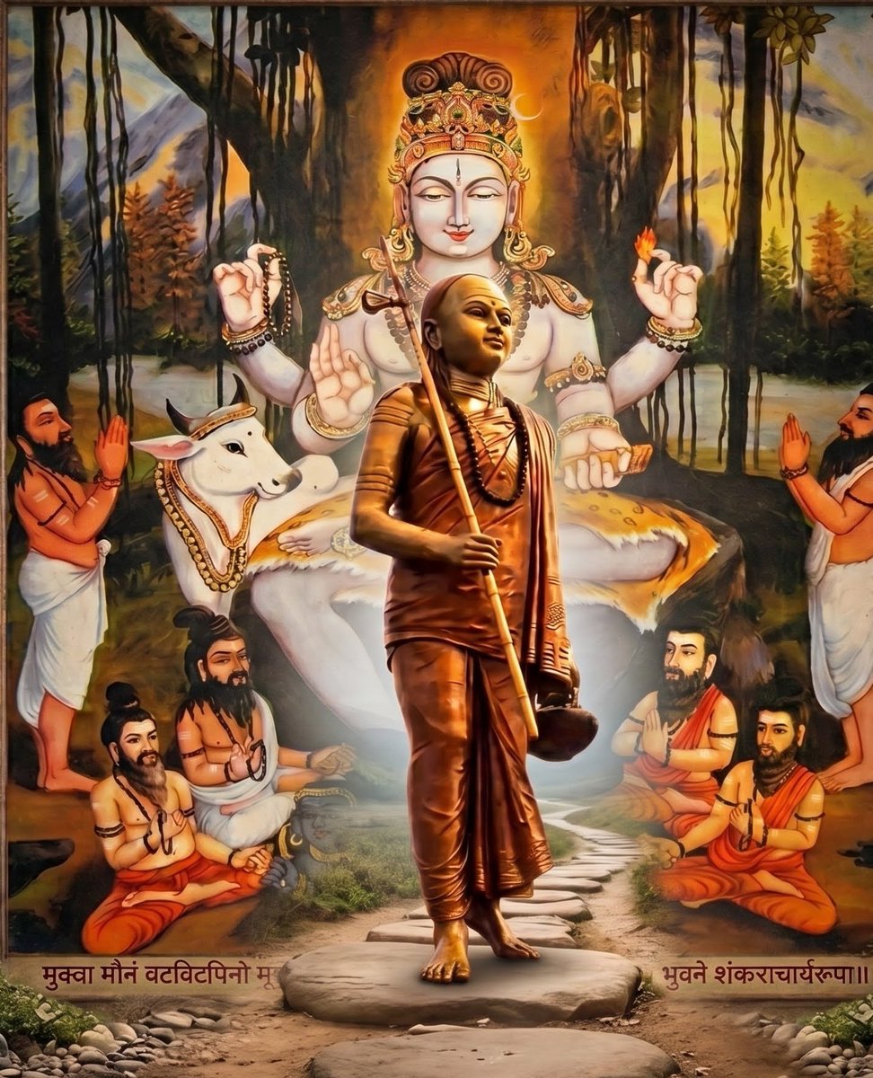 अज्ञानान्तर्गहनपतितानात्मविद्योपदेशै-
स्त्रातुं लोकान्भवदवशिखातापपापच्यमानान् । 
मुक्त्वा मौनं वटविटपिनो मूलतो निष्पतन्ती शम्भोर्मूर्तिश्चरति भुवने शङ्कराचार्यरूपा ॥

#ShankaraJayanti