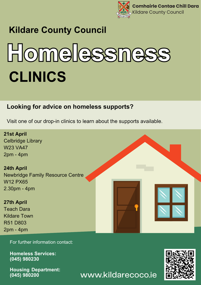 KildareCoCo's tweet image. We're continuing to host drop-in clinics across the county to provide information about the Homelessness supports that are available.

If you are looking for advice on homelessness supports, we urge you to visit one of the upcoming clinics throughout April.

#Kildare #YourCouncil