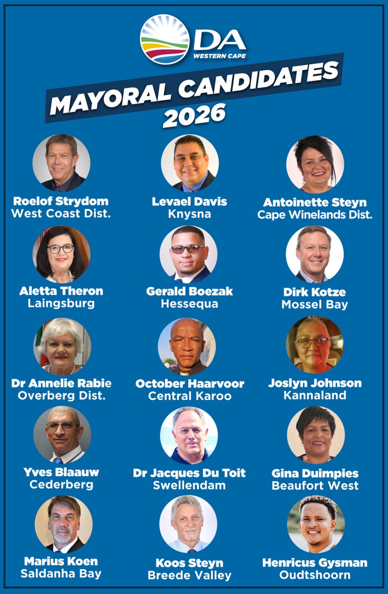 WesternCapeDA's tweet photo. ✅💙 The DA Western Cape presents the Mayoral Candidates announced so far.

This strong group of candidates will fix where we don’t govern and deliver even more where we do govern. 

#VoteDA https://t.co/gF12s2UexB