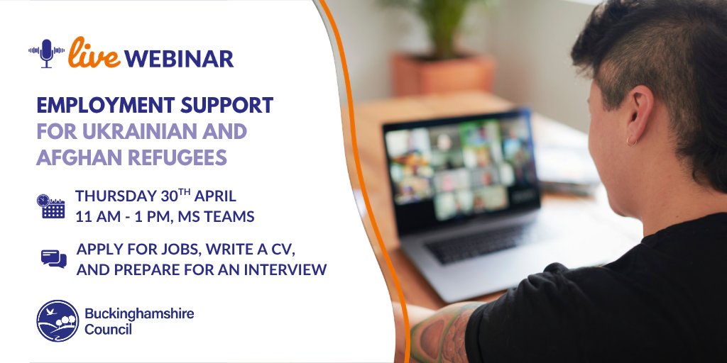bucks_careers's tweet image. Are you a Ukrainian or Afghan refugee in need of free job application advice? Join our free Employment Support Webinar on Thursday 30th April between 11am &amp;amp; 1pm: tinyurl.com/4p58henv 

#RefugeeSupport #EmploymentSupport