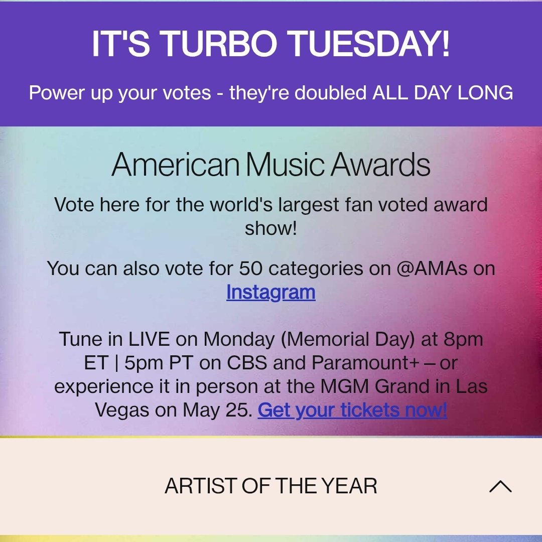 cruelrush's tweet photo. 🚨 SWIFTIES!! ITS OFFICIALLY TURBO TUESDAY AT THE #AMAs

- MEANING THE VOTES WILL BE X2 TODAY.
- Websites is 60 VOTES and one Instagram comment will count as 2 VOTES!

PLEASE USE THIS ADVANTAGE TO THE FULLEST TO HELP KEEP THE LEAD IN POP CATEGORIES AND MAIN CATEGORIES! https://t.co/gTakyExkiz