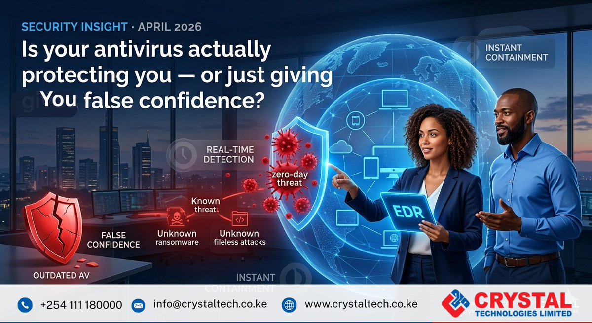 Legacy antivirus catches yesterday’s threats. Modern EDR stops today’s attacks in real time before your data is locked. Still using old AV? Your business is exposed.

Read more: crystaltech.co.ke/security-insig…
Security Audit: support@crystaltech.co.ke

#cybersecurity #EDR
