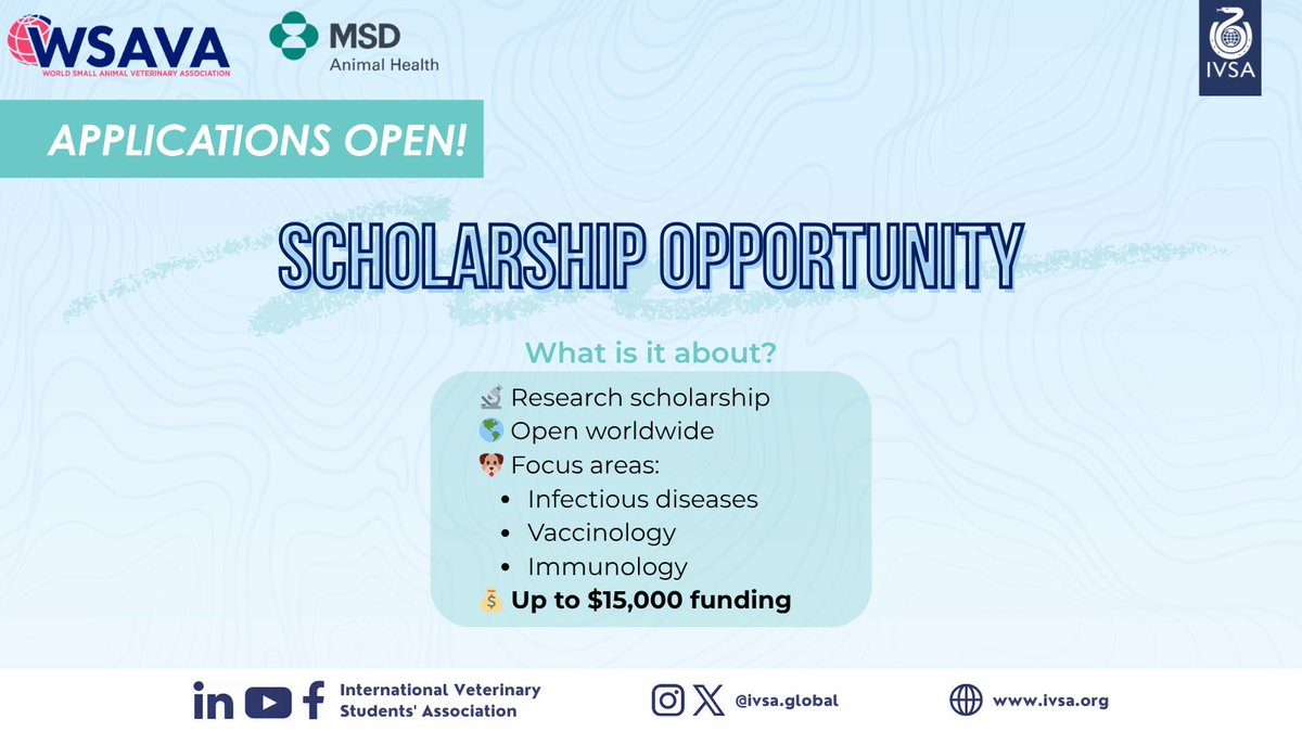 IVSA_GLOBAL's tweet photo. WSAVA Michael J. Day Scholarship 2026 is OPEN! 🎓🐾

Vet student interested in research?

💰 Up to $15,000 🌍 Open worldwide (WSAVA countries) ⏳ 2–3 months research 📅 Deadline: May 4, 23:59 UTC

Apply here 👇 https://t.co/TwIC51HuM7 https://t.co/VxKfM3mXzp