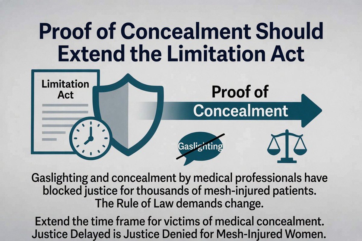 SusanMorgan19's tweet image. Proof of concealment by medical professionals has blocked justice for countless #mesh-injured #women.

The #LimitationAct currently bars our path — even when clear evidence of gaslighting and concealment emerges years later.

#Solicitors refuse cases because of the “expert