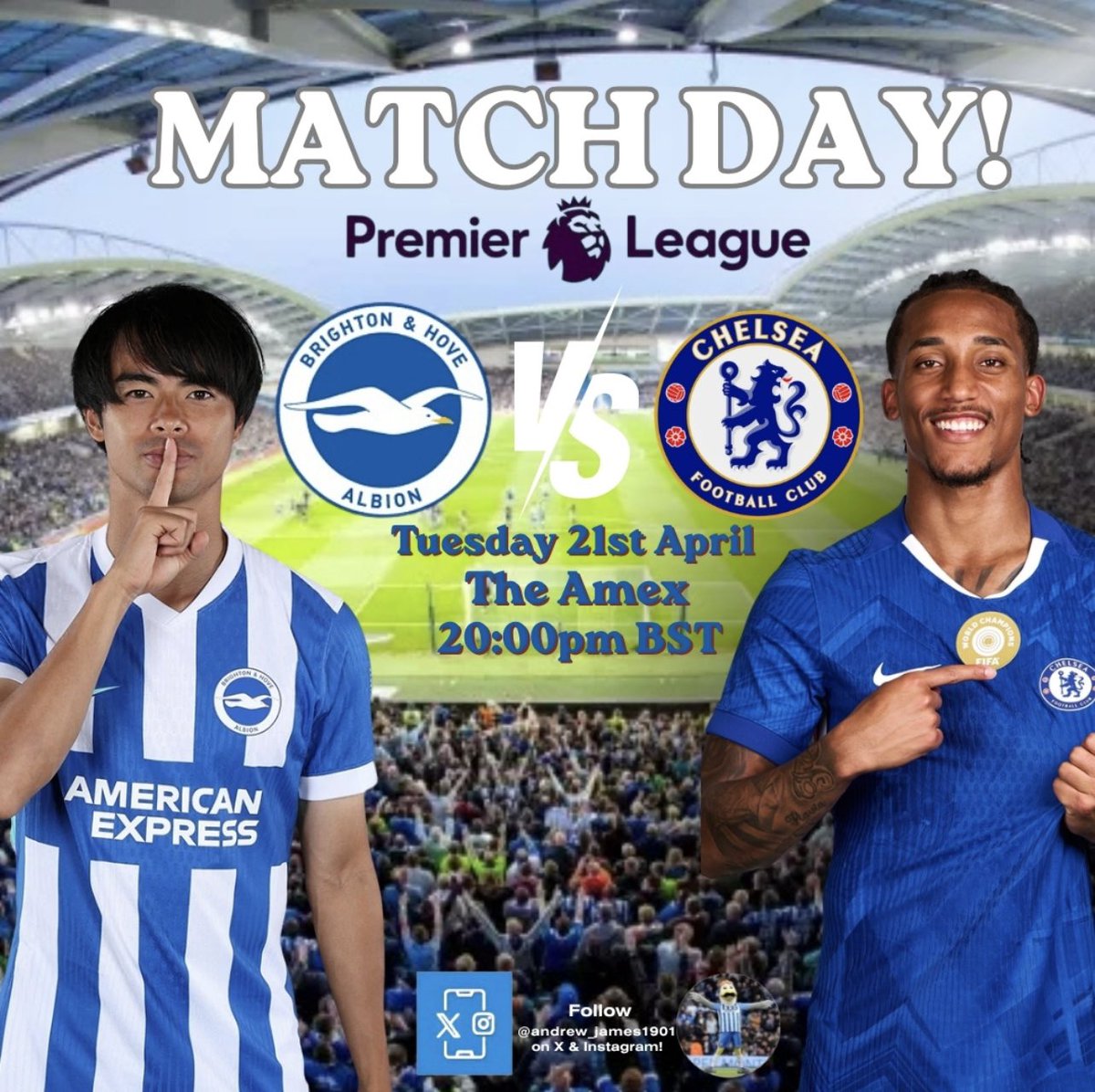 AndrewJames1901's tweet image. It’s Matchday! 💙🤍

A MASSIVE game tonight under the lights against one of our bitter rivals! 🔥

We also welcome PLENTY of familiar faces back to the South Coast, UTA! 🫡

⚽️ Brighton 🆚 Chelsea
🏆 Premier League
🕗 20:00 BST
📺 Live on Sky Sports
🏟️ The Amex

#Brighton #BHAFC