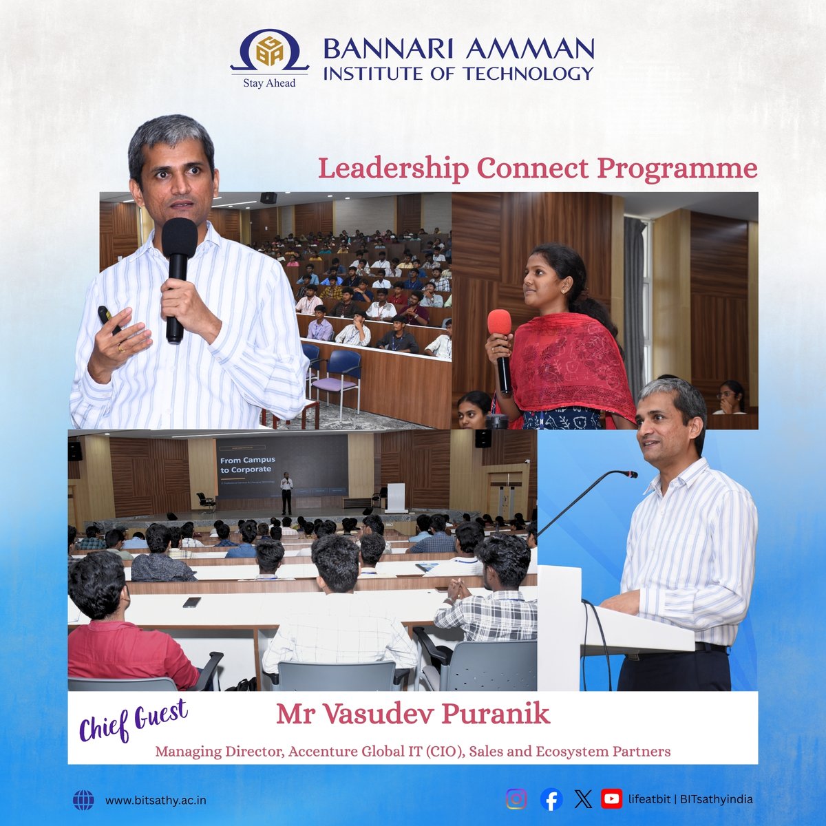 Leadership insights from the best! 🚀

Bannari Amman Institute of Technology hosted Vasudev Puranik of Accenture for an inspiring Leadership Connect Programme.

#Leadership #bitsathy #teambit #lifeatbit #Accenture #CampusToCorporate