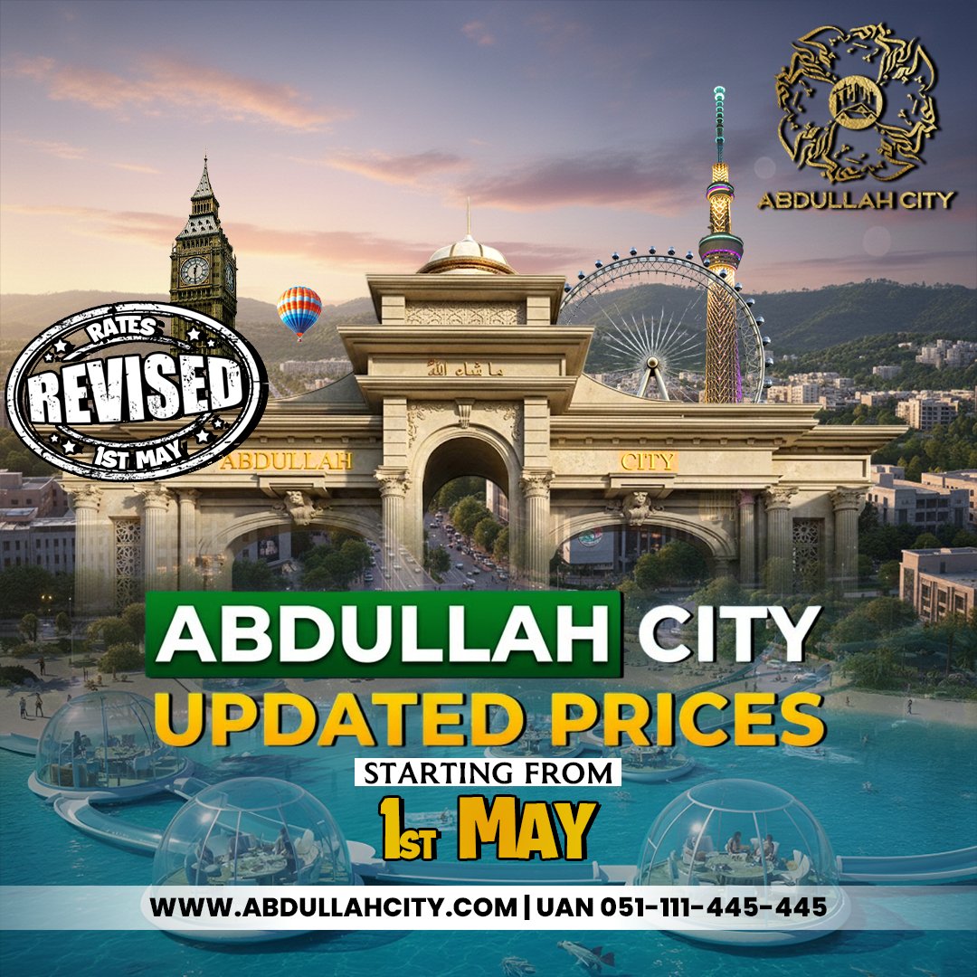 AbdullahCitypk's tweet image. Abdullah City – Updated Prices Starting from 1st May 2026!
Abdullah City has officially revised its prices. This is your chance to secure your plots at current rates.

#abdullahcity #ratesrevised #project #residentialplots #propertyforsale #updatedprices #prices2026 #bignew