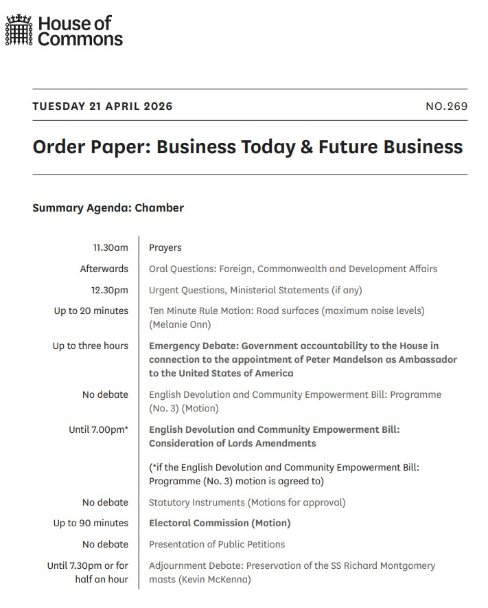 HouseofCommons's tweet photo. The House of Commons sits from 11.30am today.
The #OrderPaper is published each sitting day and lists the business of the House. https://t.co/D1b5N8yHR5