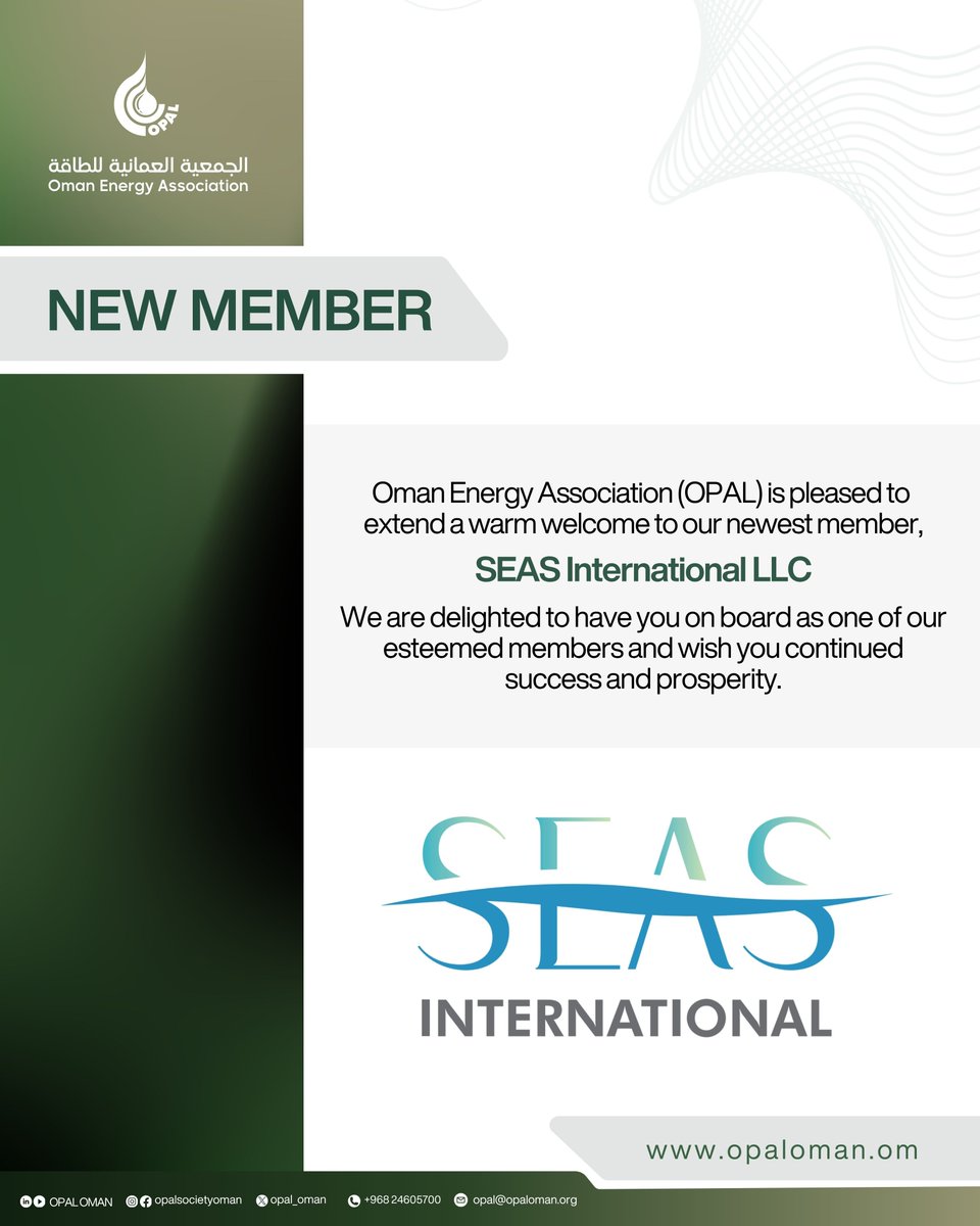 opal_oman's tweet image. Welcome to the OPAL Family! We are pleased to welcome our new member, (SEAS International LLC).

To learn more about them, visit:
🔗seas-group.com 

#OPAL #NewMember #EnergySector
