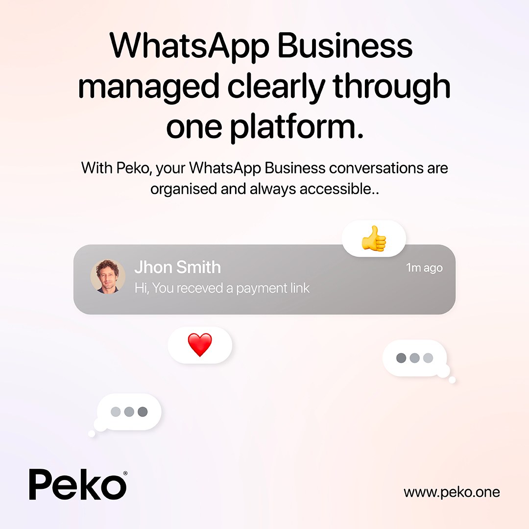 PekoHQ's tweet photo. Clear communication leads to better business. 

Manage your WhatsApp Business conversations through one organized platform with Peko. Stay accessible, stay professional, and stay ahead.

Get started for free today: https://t.co/nr5sqLK2nj

#Peko #BusinessTools #PoweredByPeko https://t.co/NdPXWBRVVu