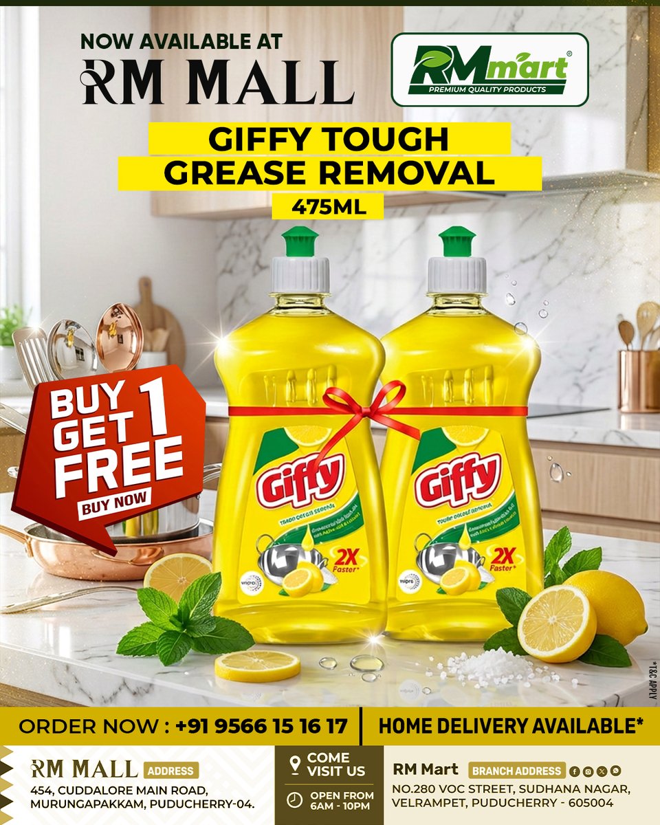 rmmartofficial's tweet image. Tackle the toughest kitchen stains with ease using Giffy Tough Grease Removal—now Buy 1 Get 1 FREE! 🍋
#DishwashLiquid #PuducherryOffers #KitchenCleaning #RMMart #HousekeepingTips