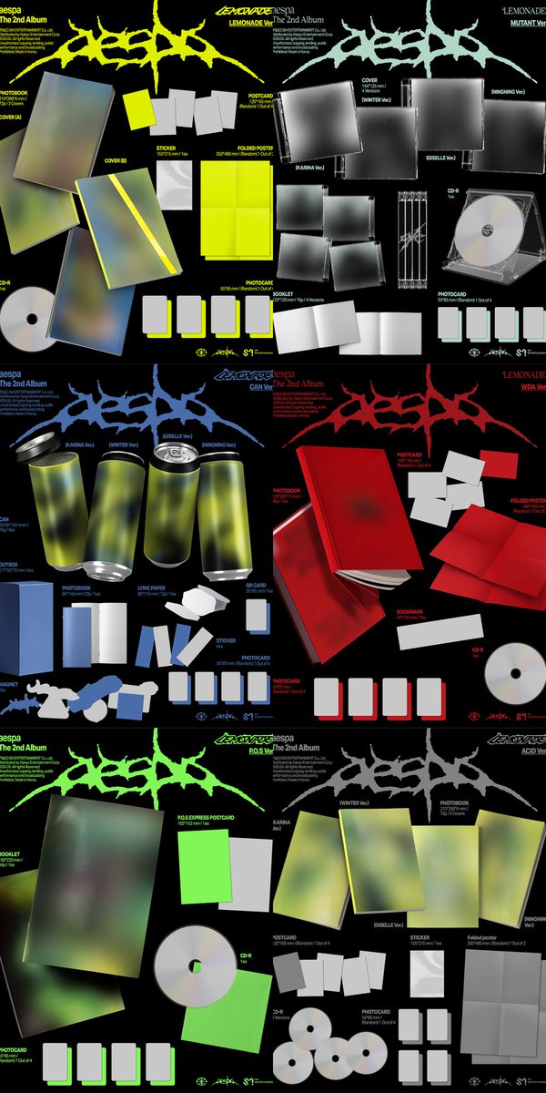 Open PO aespa 2nd Album 'LEMONADE'

❗Close PO 26 mei 20.00 wib❗

Detail on pict
—WDA ver (1 cover) (est 600gr)
—lemonade ver (2 cover) (est 400gr)
—acid ver (4 cover) (est 200gr)
—mutan ver (4 cover) (est 150gr)
—can ver (4 cover) (est 150gr)
—p.o.s ver (1 cover) (est 250gr)