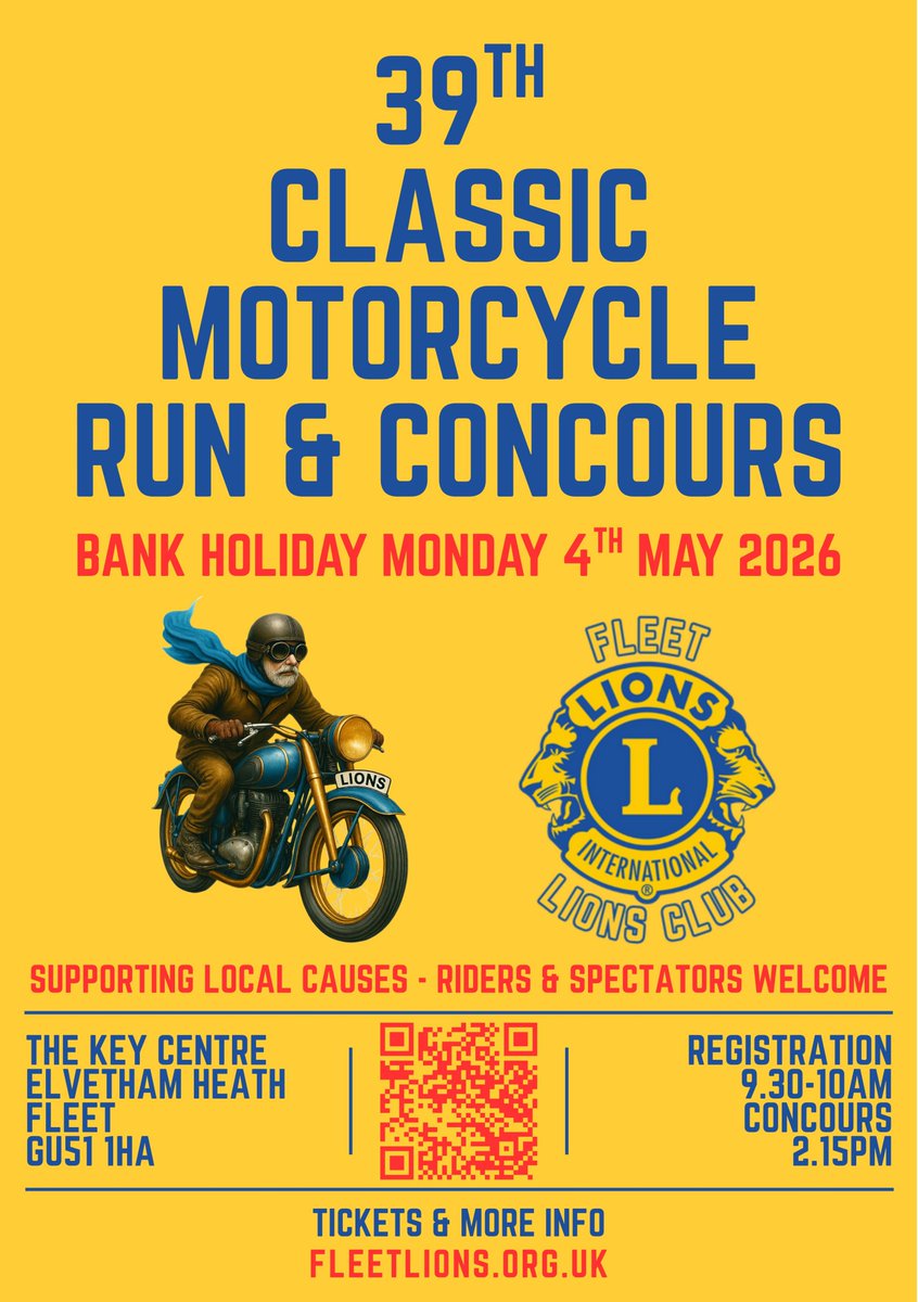 Only 13 days to go before the Fleet Lions 39th Classic Motorcycle Run &amp; Concours on 4 May. Online registration will close on the 1st May. Of course you can register on the day. More info on our website: fleetlions.org.uk/fundraising/mo… you can register here:  fleetlions.org.uk/booking35.