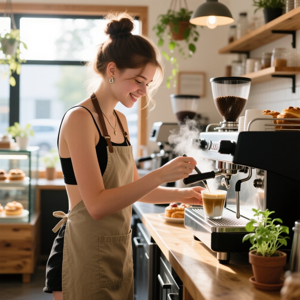 let_her_shine's tweet image. Her uniform isn't a constraint; it's another canvas. Confidence isn't just what you wear, it's the belief you bring to everything you do, even the morning latte art. ☕ #TrueStyleTuesday #LetHerShine #WorkStyle #CafeVibes #TeenStyle #ApronStyle