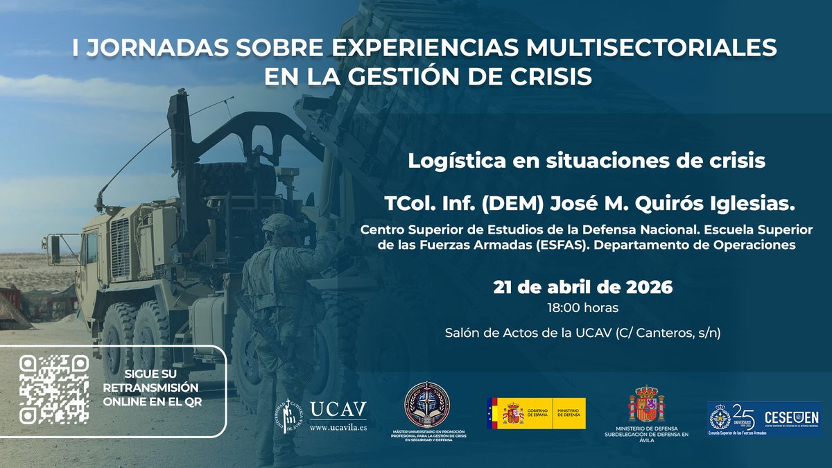UCAVILA_'s tweet image. 📆 HOY

🎙️️ Conferencia “Logística en situaciones de crisis ” a cargo del Tcol. Inf. (DEM) José M. Quirós Iglesias.

⌚ 18 h
📍 Salón de Actos UCAV
📲 En directo desde #youtube
✅ Acceso libre.

#GestiónCrisis