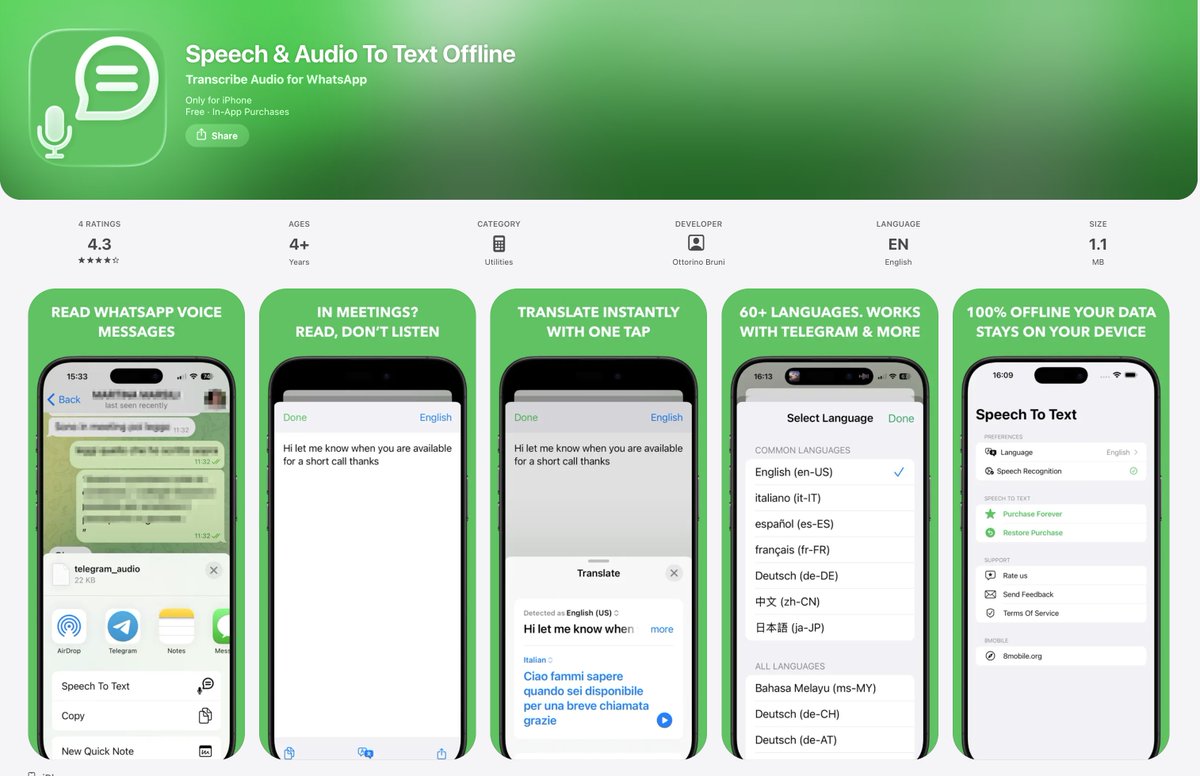 ottorinobruni's tweet image. Stop listening to long voice messages when you can just read them 👀
Convert WhatsApp &amp;amp; Telegram audio to text instantly, fully offline and private 🔒
apps.apple.com/us/app/speech-…

#indiedev #iOS #privacy #productivity