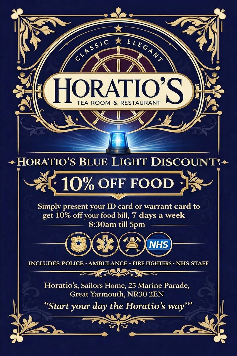 HoratiosGY's tweet image. Horatio's Blue Light discount offer

#bluelight 
#greatyarmouth 
#breakfast 
#afternoontea 
#coffee