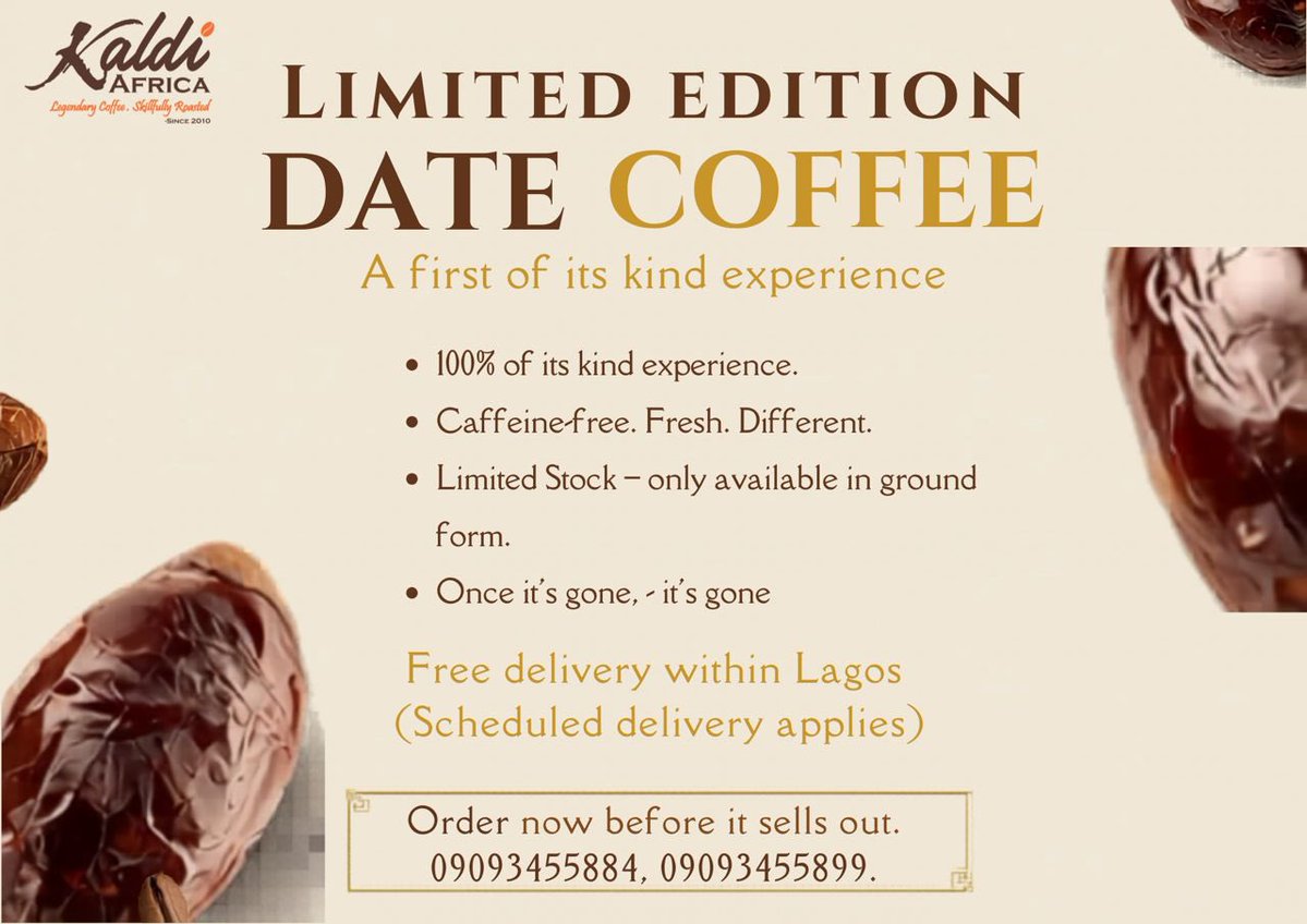 KaldiAfrica2010's tweet image. Yoruba call it Dabino?
Igbo call it Dabino?
Hausa call it Dabino.

But here’s the real question…

What do you call date in your language? 👀

Now imagine this 
Date… as coffee. 

#LimitedEdition
#CoffeeNigeria
#TrySomethingNew