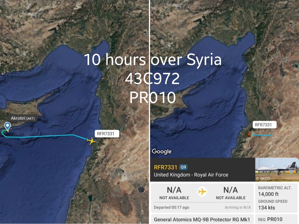 LebanonJets's tweet photo. #UKRAF MQ9B Protector RG Mk1 #PR010 #43C972 as #RFR7331 departed Akroriti last night crossed through Lebanon's airspace to operate for +10 hours over Syria (ADSB off) now RTB Akrotiri https://t.co/2d5pPHjslZ