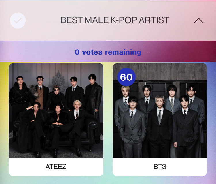 #AMAs

16時リセットで投票2倍のターボ期間になりました

明日22日15時59分まで

🔸Artist of the Year
🔸Song of the Summer
🔸Best Male K-Pop Artist

3部門 × 60 × Google全垢
ひたすらぽちぽち完了です💜

まだ参加してないアミさん
この期間だけでもぜひご参加を🙏

vote.theamas.com/new-artist-of-…