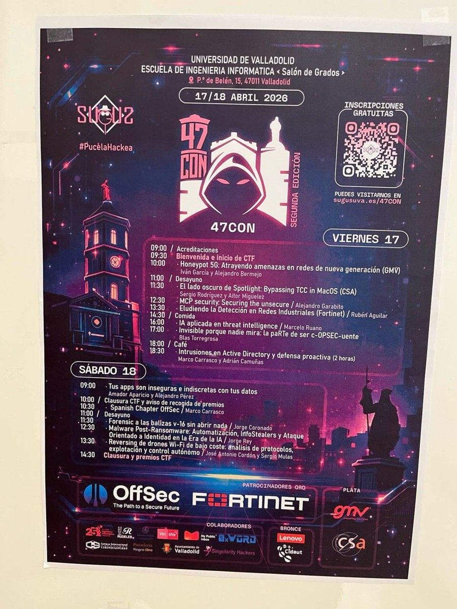Cidaut's tweet photo. @sugus_de_uva Ponencias técnicas de profesionales + CTF en vivo con retos de:

▪️ Criptografía
▪️ Reversing
▪️ OSINT
▪️ IoT

Equipos universitarios resolviendo en horas lo que en muchas empresas llevaría días https://t.co/2D5uyp80B4