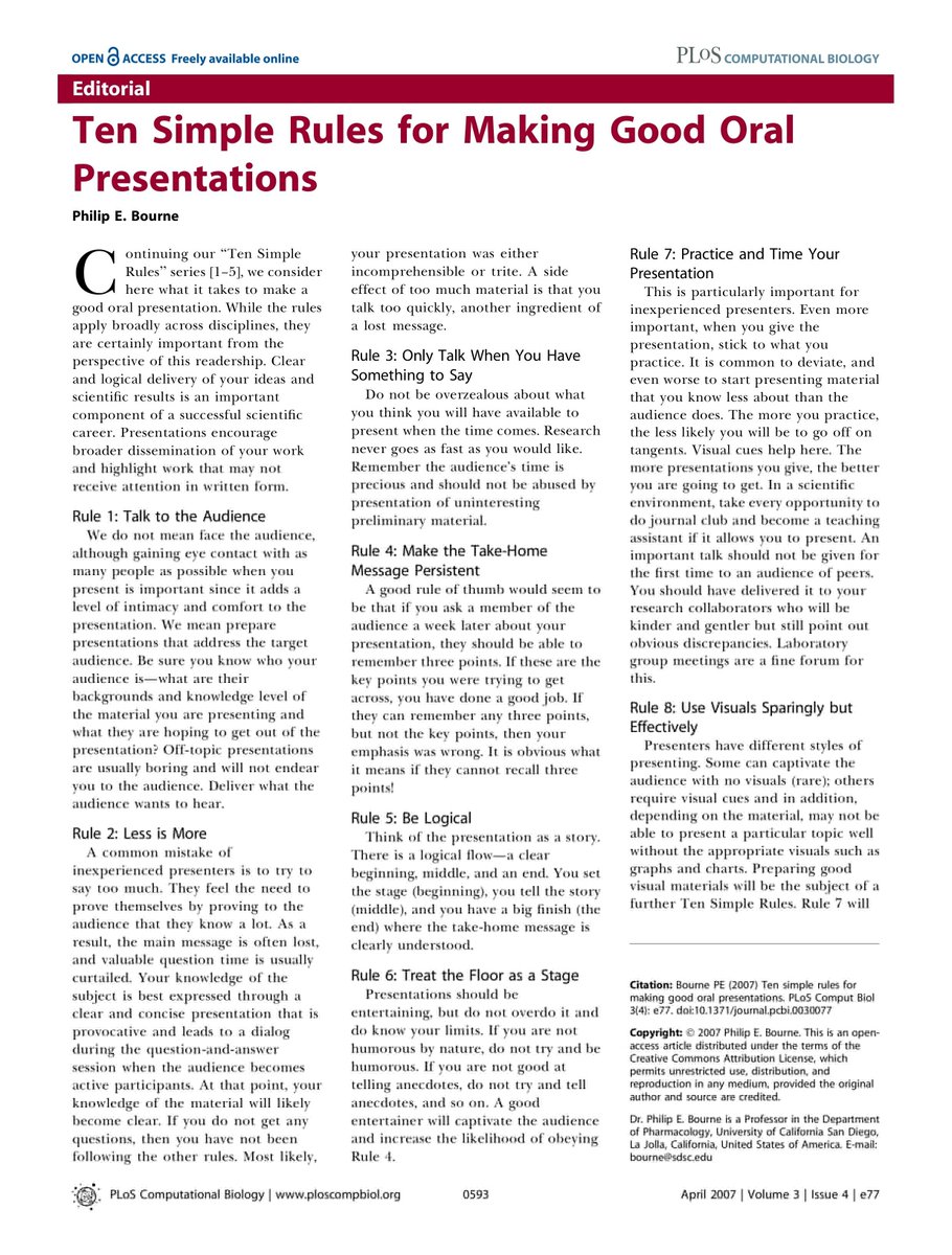 ScholarshipfPhd's tweet photo. Ten Simple Rules for Making Good Oral Presentations (1/2) https://t.co/4Vsh4uo6Lv