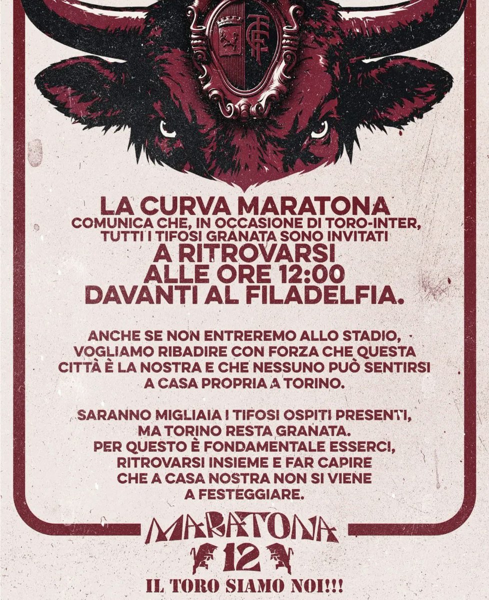 ToroGoal's tweet photo. ‼️📸 Comunicato della Curva Maratona in vista di #TorinoInter di domenica 26/04: “Ritrovo alle ore 12:00 al Filadelfia, anche se non entreremo allo stadio nessuno può sentirsi a casa propria a Torino. A casa nostra non si viene a festeggiare”. #Torino https://t.co/yKnvjikhJl