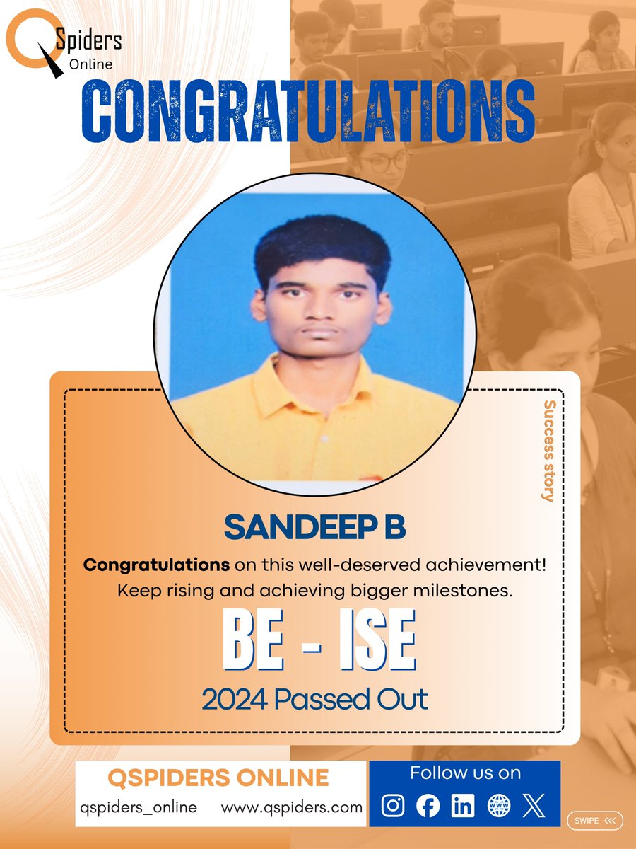 QSpiders__BTR's tweet image. Success looks good on you! 🎓✨
Congratulations Sandeep B on completing great success and endless opportunities ahead—keep striving and shining! 🚀
#Congratulations #BE #ISE #ProudMoment #Achievement   #QSpiders