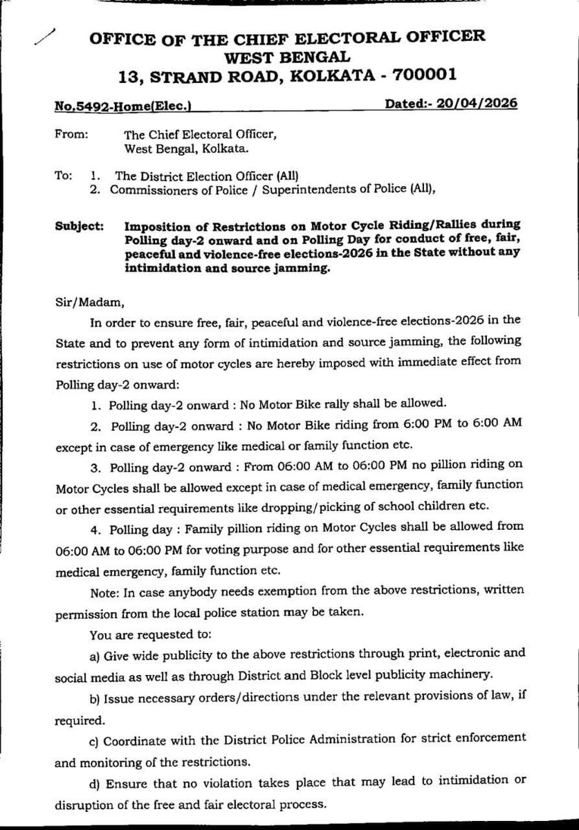 Tamal0401's tweet image. The #ElectionCommissionofIndia imposes restrictions on motorcycle use from two days before polling and on polling day in poll-bound areas in #Bengal banning bike rallies, stopping all bike movement from 6 PM to 6 AM. 

Just not that, ECI has restricted pillion riding during the