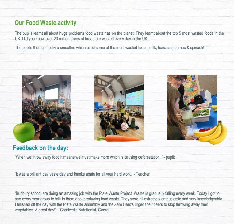 CDAT_Education's tweet image. Brilliant feedback from Chartwells 🙌
Bunbury pupils leading the way in tackling food waste 💜🌱
Shoutout to the Eco Warriors for winning a prize after measuring food waste daily from the start 👏
Let’s roll this Plate Waste Assembly out wider!
#MakingADifference