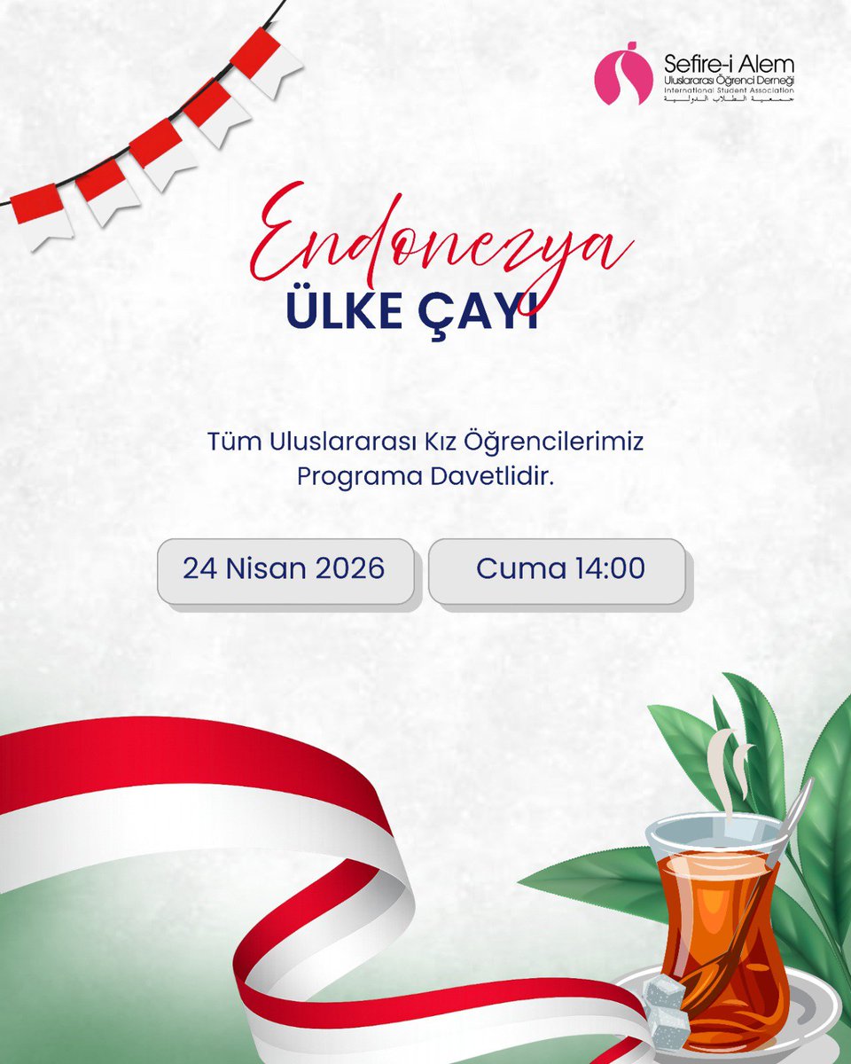 🇲🇨 Endonezya Çayı Programı 🇲🇨
Egzotik doğası, köklü kültürü ve sıcakkanlı insanlarıyla tanınan Endonezya’yı keşfetmeye hazır mısınız? 🌿✨

📍 Yer: Dernek Binası
🔗 Başvuru için:
udef.org.tr/obs/ogrenci-gi…⁠�