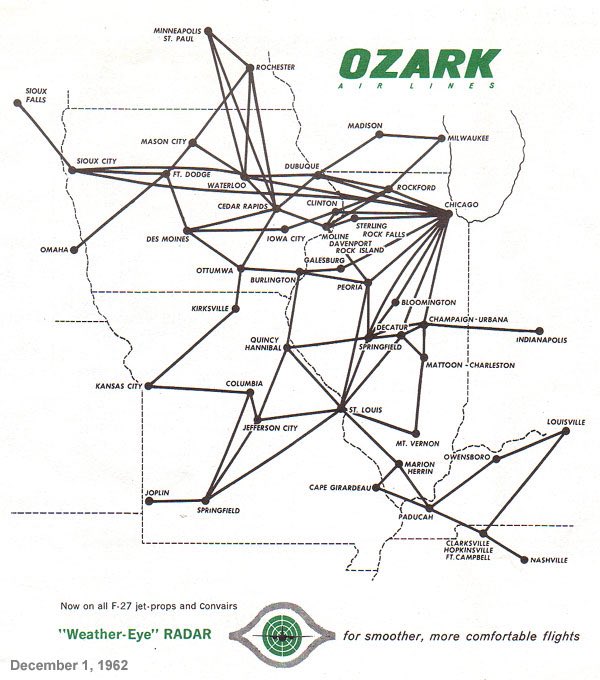 n194at's tweet image. Ozark Air Lines (OZ) December 1, 1962 route map credit Departed Flights Collection departedflights.com #AvGeek