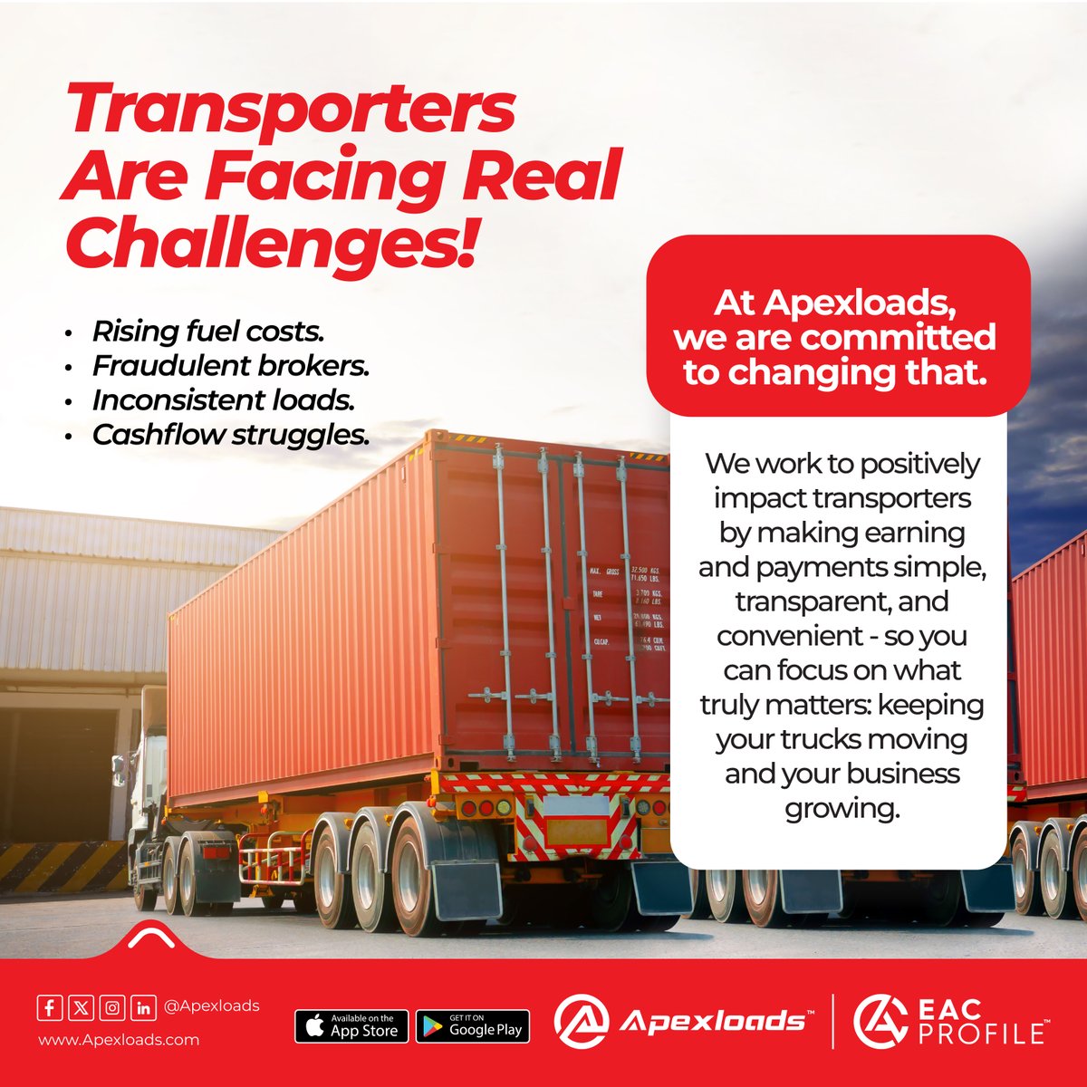 Apexloads's tweet photo. Fuel costs 📈. Fraudulent brokers. Inconsistent loads. Cashflow pressure.

Transporters are dealing with real challenges every day.

At Apexloads, we’re simplifying earning &amp; payments—making them transparent, reliable, and convenient so you can keep your trucks moving 🚛 https://t.co/lczGvevOL7