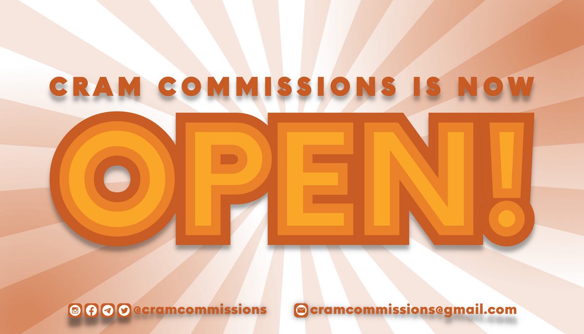 Cram Commissions is once again open for this week! Inquire now. 

🏷: Lf Clients, Commissioner, Commstwt, Digital, Editing, Posters, Infographics, Brochures, Slogans, Flyers, Logos, Video Editing, Headers, Magazines, Commission Sheets, Hand Banners.