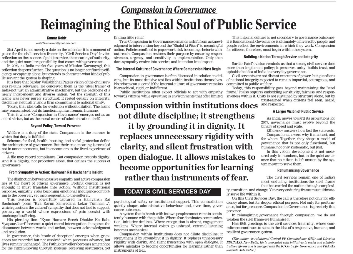 _KumarRohit's tweet photo. Efficiency records compliance; compassion records dignity. My latest Op-Ed in @DailyExcelsior1 views the "steel frame" through Harivansh Rai Bachchan’s poetry.

Empathy is empty without action. We must move beyond "deception" to intervention.

 #MissionKarmayogi #CivilServicesDay https://t.co/DDCoqSLZx8