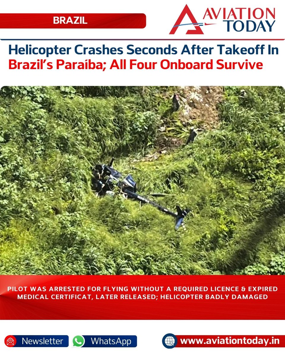 _aviationtoday's tweet image. Brazil: A Robinson R44 helicopter crashed shortly after takeoff in Campina Grande, Brazil, on April 18, 2026, likely after a power loss. All four onboard survived but were injured.

🔗 Article Link in Comments 

Image: @journaldaparaiba

#HelicopterCrash #AllSurvived #Brazil
