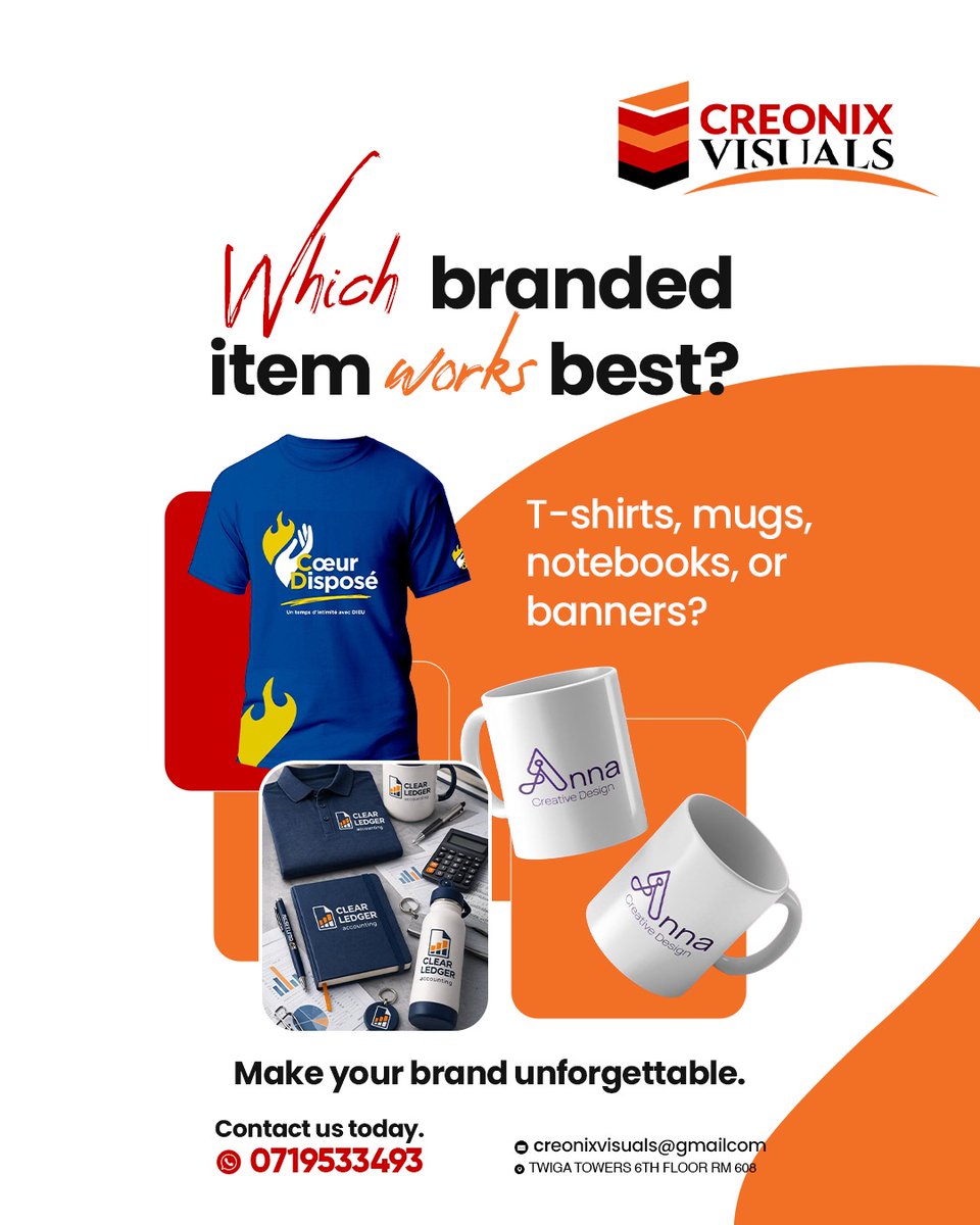 CreonixVisuals's tweet photo. T-shirts, mugs, notebooks, or banners which branded item works best for your business?
The right choice keeps your brand visible long after the first impression.
Make your brand unforgettable with Creonix Visuals.

#KenyaItalyRelations #RutoWaterAgenda #NoProtests6BillionLost https://t.co/K6KXjudRWT