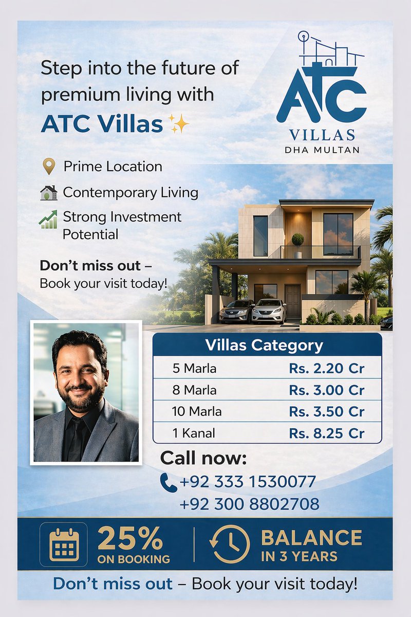 Amiata81's tweet image. ATC Villas in #DHAMultan — luxury villas in multiple sizes with a 3-year payment plan.

Book your dream home or schedule a visit today.
📞 +92 333 1530077 | +92 300 8802708
#Multan #RealEstate #DHA #Property #Pakistan