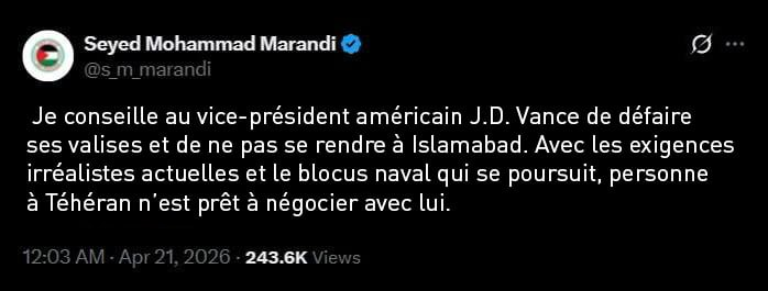 RTenfrancais's tweet photo. 🇮🇷Téhéran ferme la porte aux discussions
🗣Le politologue irano-américain Mohammad #Marandi estime qu’aucune négociation n’est envisageable avec #Washington dans les conditions actuelles. https://t.co/1dpjzzz9hz